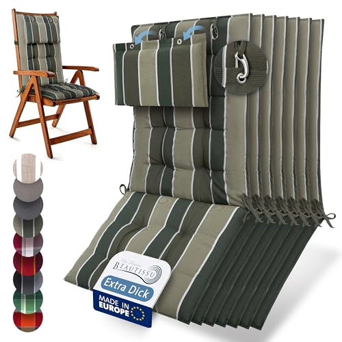 Beautissu 7er Set Premium Hochlehner Auflage Kopfpolster 120x50cm Sun-HL – 8cm Dick Polster Gartenstuhlauflage rutschfest Befestigungsbänder UV-Lichtechtheit 5 – Robust Stoff Grün gestreift von Beautissu