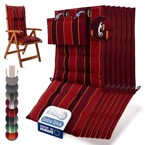 Beautissu 7er Set Premium Hochlehner Auflage Kopfpolster 120x50cm Sun-HL – 8cm Dick Polster Gartenstuhlauflage rutschfest Befestigungsbänder UV-Lichtechtheit 5 – Robust Stoff Rot gestreift von Beautissu