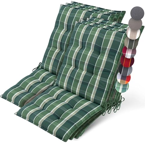 Beautissu 7er Set Premium Niedriglehner Auflage Gartenstuhl 100x50cm Sun-NL – 8cm Dick Polster Gartenstuhlauflage rutschfest Befestigungsbänder UV-Lichtechtheit 5 – Robust Stoff Grün kariert von Beautissu