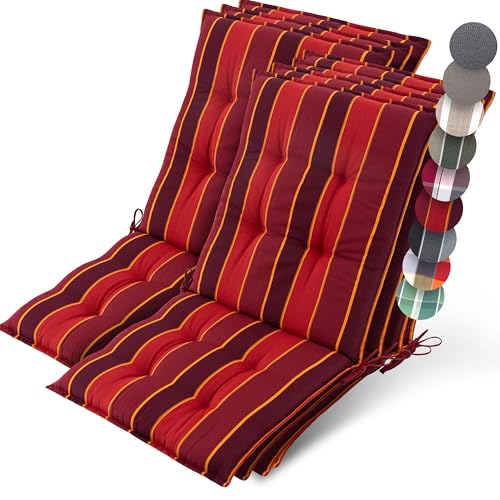 Beautissu 7er Set Premium Niedriglehner Auflage Gartenstuhl 100x50cm Sun-NL – 8cm Dick Polster Gartenstuhlauflage rutschfest Befestigungsbänder UV-Lichtechtheit 5 – Robust Stoff Rot Gestreift von Beautissu