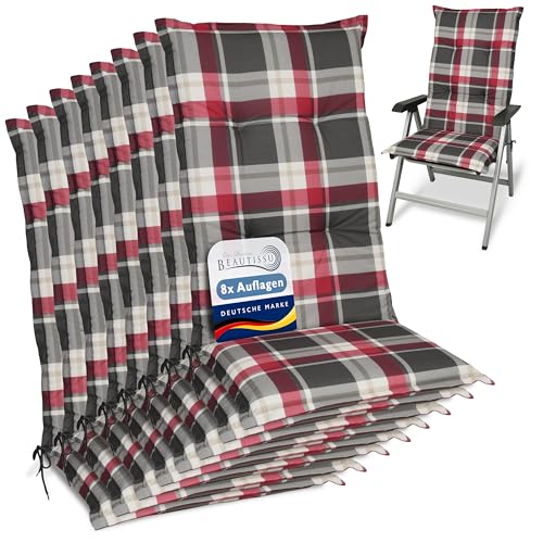 Beautissu 8er Set Hochlehner Auflagen Set Gartenstühle 120x50 cm Polster Bordeaux Kariert – 6cm Dicke Polsterauflage Bequem, rutschfest & UV-Lichtecht 5 – Stuhlkissen Sitzauflage – Sunny RK von Beautissu