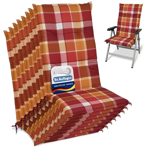 Beautissu 8er Set Hochlehner Auflagen Set Gartenstühle 120x50 cm Polster Rot Kariert – 6cm Dicke Polsterauflage Bequem, rutschfest & UV-Lichtecht 5 – Stuhlkissen Sitzauflage – Sunny RO von Beautissu