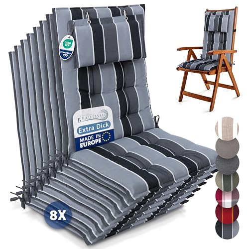 Beautissu 8er Set Premium Hochlehner Auflage Kopfpolster 120x50cm Sun-HL – 8cm Dick Polster Gartenstuhlauflage rutschfest Befestigungsbänder UV-Lichtechtheit 5 – Robust Stoff Anthrazit Gestreift von Beautissu