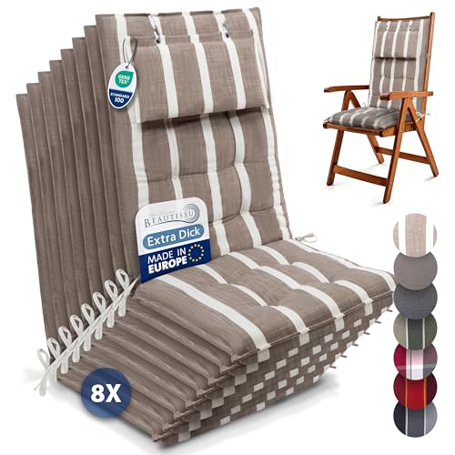 Beautissu 8er Set Premium Hochlehner Auflage mit Kopfpolster 120x50cm Sun-HL – 8cm Dick Polster Gartenstuhlauflage rutschfest Befestigungsbänder UV-Lichtechtheit 5 – Robust Stoff Beige Weiß Gestreift von Beautissu