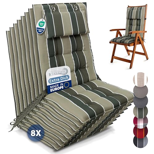 Beautissu 8er Set Premium Hochlehner Auflage mit Kopfpolster 120x50cm Sun-HL – 8cm Dick Polster Gartenstuhlauflage rutschfest Befestigungsbänder UV-Lichtechtheit 5 – Robust Stoff Grün Gestreift von Beautissu