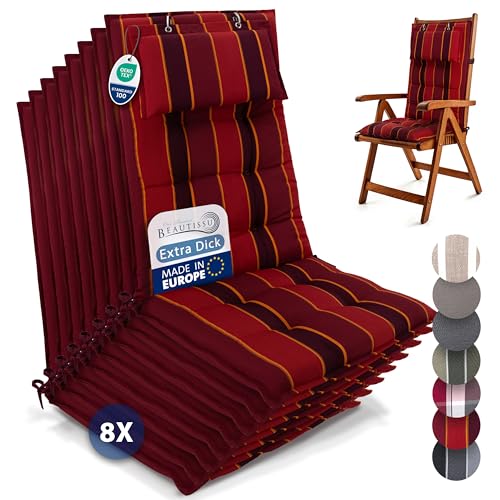 Beautissu 8er Set Premium Hochlehner Auflage mit Kopfpolster 120x50cm Sun-HL – 8cm Dick Polster Gartenstuhlauflage rutschfest Befestigungsbänder UV-Lichtechtheit 5 – Robust Stoff Rot Gestreift von Beautissu