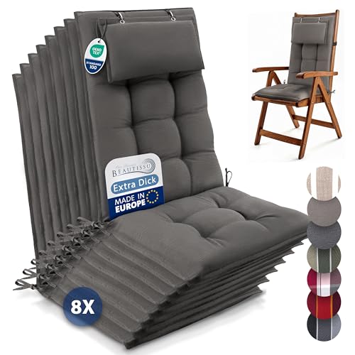 Beautissu 8er Set Premium Hochlehner Auflage mit Kopfpolster 120x50cm Sun-HL – 8cm Dick Polster Gartenstuhlauflage rutschfest Befestigungsbänder UV-Lichtechtheit 5 – Robust Stoff Uni Taupe von Beautissu