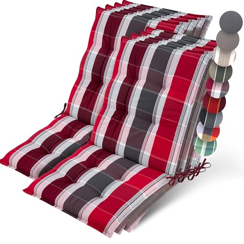Beautissu 8er Set Premium Niedriglehner Auflage Gartenstuhl 100x50cm Sun-NL – 8cm Dick Polster Gartenstuhlauflage rutschfest Befestigungsbänder UV-Lichtechtheit 5 – Robust Rot-Anthrazit Gestreift von Beautissu