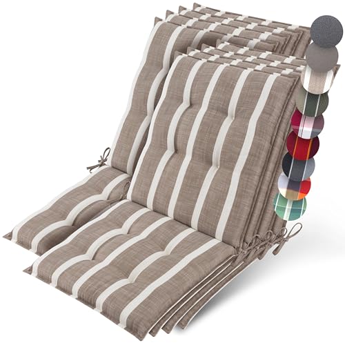 Beautissu 8er Set Premium Niedriglehner Auflage Gartenstuhl 100x50cm Sun-NL – 8cm Dick Polster Gartenstuhlauflage rutschfest Befestigungsbänder UV-Lichtechtheit 5 – Robust Stoff Beige-Weiß Gestreift von Beautissu