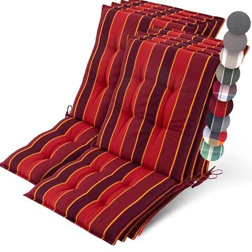 Beautissu 8er Set Premium Niedriglehner Auflage Gartenstuhl 100x50cm Sun-NL – 8cm Dick Polster Gartenstuhlauflage rutschfest Befestigungsbänder UV-Lichtechtheit 5 – Robust Stoff Rot Gestreift von Beautissu