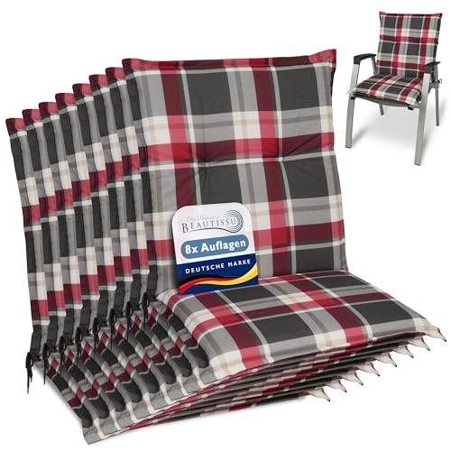 Beautissu 8er Set Sunny RK Niedriglehner Auflagen Set für Gartenstühle 100x50 cm Polster in Bordeaux Kariert - Bequeme Gartenstuhl Stuhlkissen Polsterauflagen mit UV-Lichtecht von Beautissu
