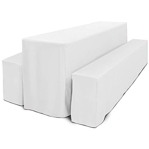 Beautissu 3tlg Hussen Bierzeltgarnitur Set Bodenlang für 70 cm breite Festzeltgarnitur – 2X Bierbank Hussen & 1x Biertisch Husse – Edles Komplettset mit Oeko-TEX Siegel in Weiß – Basic L von Beautissu