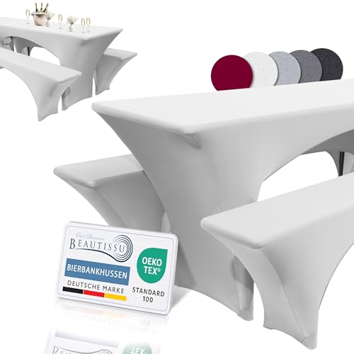 Beautissu Edles Stretchhussen Set 3tlg. Victoria - Elastische Hussen für Bierzeltgarnitur 220x50 cm – Festliche Husse Biertisch + 2 Bierbank in Weiß von Beautissu