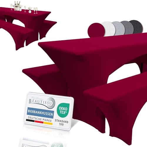 Beautissu Edles Stretchhussen Set 3tlg. Victoria - Elastische Hussen für Bierzeltgarnitur 220x70 cm – Festliche Husse Biertisch + 2 Bierbank - Bierzeltgarnitur Hussen in Rot Bordeaux von Beautissu