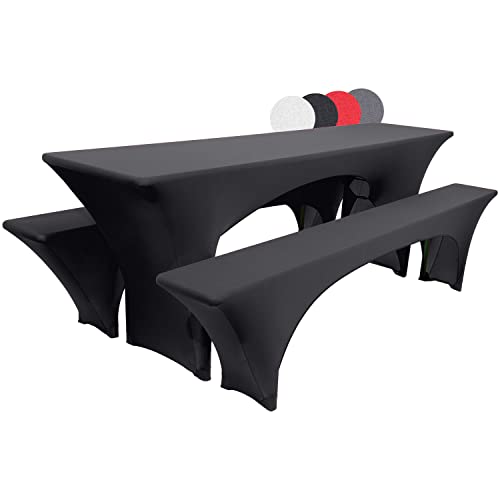 Beautissu Edles Stretchhussen Set 3tlg. Victoria - Elastische Hussen für Bierzeltgarnitur 220x70 cm – Festliche Husse Biertisch + 2 Bierbank - Bierzeltgarnitur Hussen in Schwarz von Beautissu