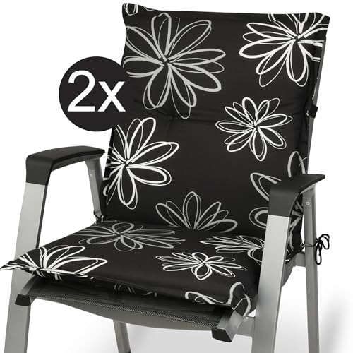 Beautissu Flores Niedriglehner Auflagen 2er Set für Gartenstühle – Sitzpolster 100x50 cm Gartenstuhlauflage Niederlehner UV-Lichtecht – Sitzkissen Outdoor in schwarz mit Blumen von Beautissu