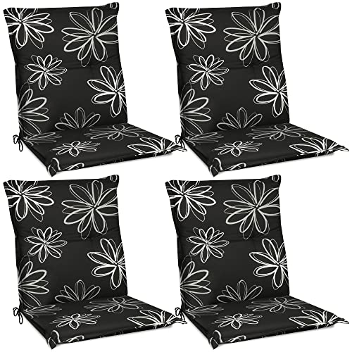 Beautissu Flores Niedriglehner Auflagen 4er Set für Gartenstühle – Sitzpolster 100x50 cm Gartenstuhlauflage Niederlehner UV-Lichtecht – Sitzkissen Outdoor in schwarz mit Blumen von Beautissu