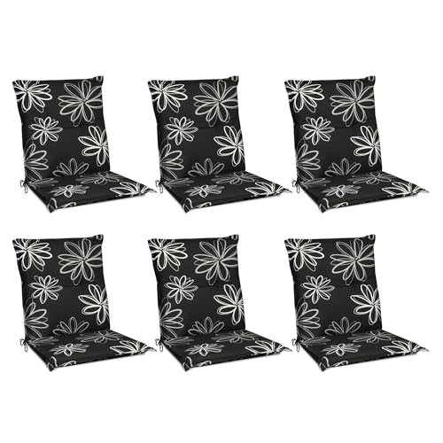 Beautissu Flores Niedriglehner Auflagen 6er Set für Gartenstühle – Sitzpolster 100x50 cm Gartenstuhlauflage Niederlehner UV-Lichtecht – Sitzkissen Outdoor in schwarz mit Blumen von Beautissu