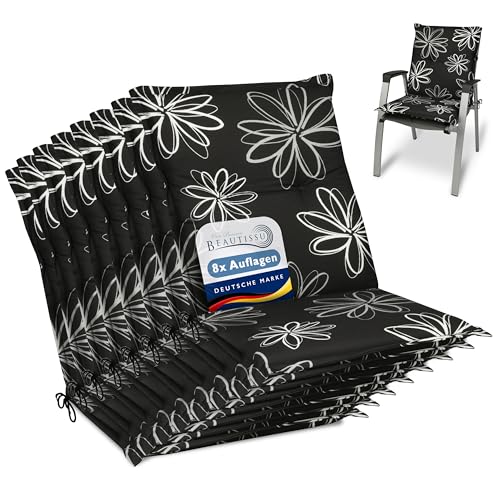 Beautissu Flores Niedriglehner Auflagen 8er Set für Gartenstühle – Sitzpolster 100x50 cm Gartenstuhlauflage Niederlehner UV-Lichtecht – Sitzkissen Outdoor in schwarz mit Blumen von Beautissu