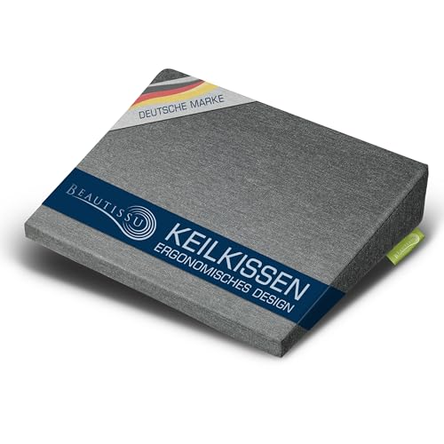 Beautissu Sitz Keilkissen formstabil Anti-Rutsch Bezug Waschbar & Reißverschluss – Ergonomisches Sitzkissen Keilkissen für Stuhl Home Office Bürostuhl Stuhlkissen Büro Hellgrau – BeauErgo von Beautissu
