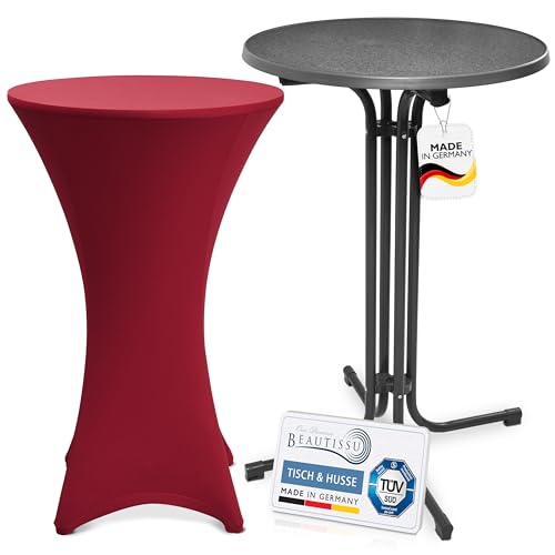 Beautissu Grauer Outdoor Stehtisch klappbar mit Husse 70 cm Bordeaux – Wetterfester Partytisch Sylt + Stretch Stehtischhusse Stella – Platzsparender Bistrotisch Gastro-Qualität TÜV Made in Germany von Beautissu