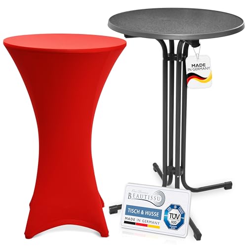 Beautissu Grauer Outdoor Stehtisch klappbar mit Husse 70 cm Rot – Wetterfester Partytisch Sylt + Stretch Stehtischhusse Stella – Platzsparender Bistrotisch Gastro-Qualität TÜV Made in Germany von Beautissu