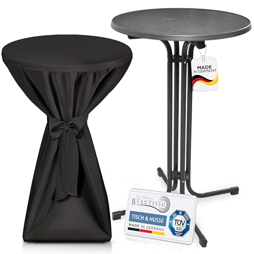 Beautissu Grauer Outdoor Stehtisch klappbar mit Husse 70 cm Schwarz – Wetterfester Partytisch Sylt + Premium Stehtischhusse – Platzsparender Bistrotisch Gastro-Qualität TÜV Made in Germany von Beautissu