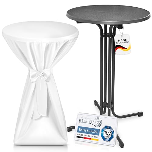Beautissu Grauer Outdoor Stehtisch klappbar mit Husse 70 cm Weiß – Wetterfester Partytisch Sylt + Premium Stehtischhusse – Platzsparender Bistrotisch Gastro-Qualität TÜV Made in Germany von Beautissu