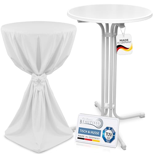 Beautissu Grauer Outdoor Stehtisch klappbar mit Husse 70 cm Weiß – Wetterfester Partytisch Sylt + Stehtischhusse Giulia – Platzsparender Bistrotisch Gastro-Qualität TÜV Made in Germany von Beautissu