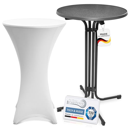 Beautissu Grauer Outdoor Stehtisch klappbar mit Husse 70 cm Weiß – Wetterfester Partytisch Sylt + Stretch Stehtischhusse Stella – Platzsparender Bistrotisch Gastro-Qualität TÜV Made in Germany von Beautissu
