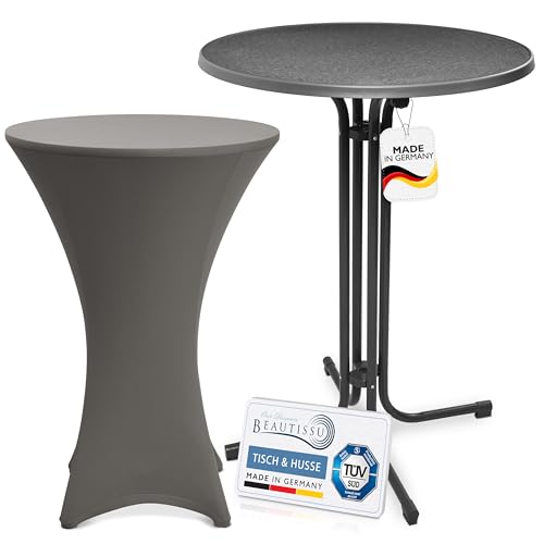 Beautissu Grauer Outdoor Stehtisch klappbar mit Husse 80 cm Anthrazit – Wetterfester Partytisch Sylt + Stretch Stehtischhusse Stella – Platzsparender Bistrotisch Gastro-Qualität TÜV Made in Germany von Beautissu