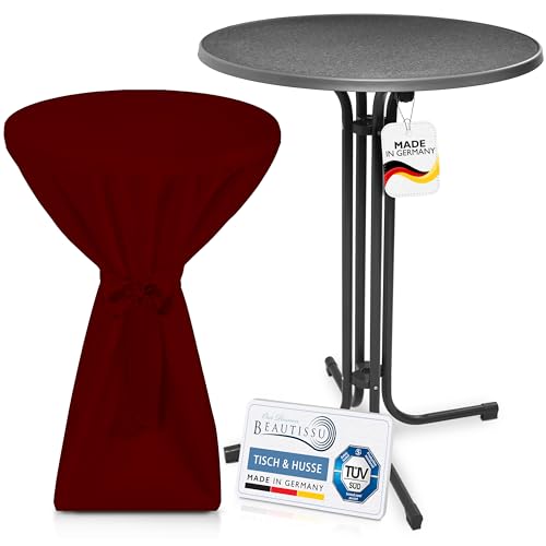 Beautissu Grauer Outdoor Stehtisch klappbar mit Husse 80 cm Bordeaux – Wetterfester Partytisch Sylt + Premium Stehtischhusse – Platzsparender Bistrotisch Gastro-Qualität TÜV Made in Germany von Beautissu