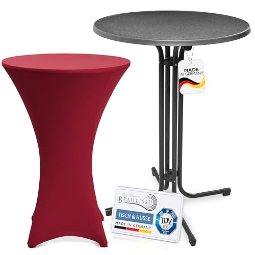 Beautissu Grauer Outdoor Stehtisch klappbar mit Husse 80 cm Bordeaux – Wetterfester Partytisch Sylt + Stretch Stehtischhusse Stella – Platzsparender Bistrotisch Gastro-Qualität TÜV Made in Germany von Beautissu