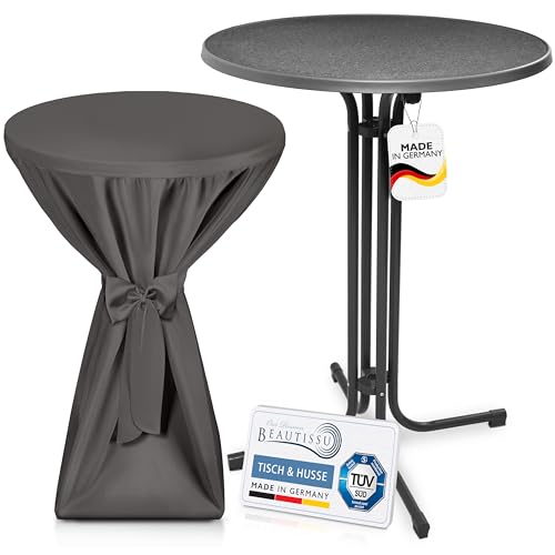 Beautissu Grauer Outdoor Stehtisch klappbar mit Husse 80 cm Grau – Wetterfester Partytisch Sylt + Premium Stehtischhusse – Platzsparender Bistrotisch Gastro-Qualität TÜV Made in Germany von Beautissu