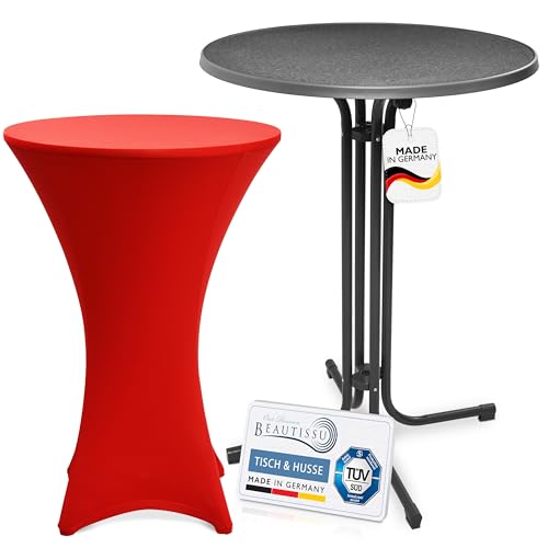 Beautissu Grauer Outdoor Stehtisch klappbar mit Husse 80 cm Rot – Wetterfester Partytisch Sylt + Stretch Stehtischhusse Stella – Platzsparender Bistrotisch Gastro-Qualität TÜV Made in Germany von Beautissu