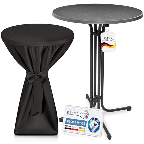 Beautissu Grauer Outdoor Stehtisch klappbar mit Husse 80 cm Schwarz – Wetterfester Partytisch Sylt + Premium Stehtischhusse – Platzsparender Bistrotisch Gastro-Qualität TÜV Made in Germany von Beautissu