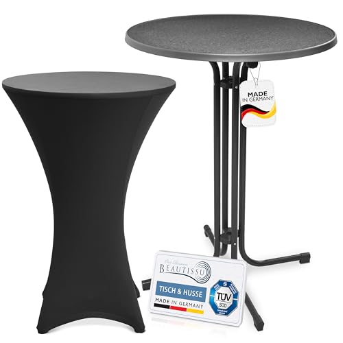Beautissu Grauer Outdoor Stehtisch klappbar mit Husse 80 cm Schwarz – Wetterfester Partytisch Sylt + Stretch Stehtischhusse Stella – Platzsparender Bistrotisch Gastro-Qualität TÜV Made in Germany von Beautissu