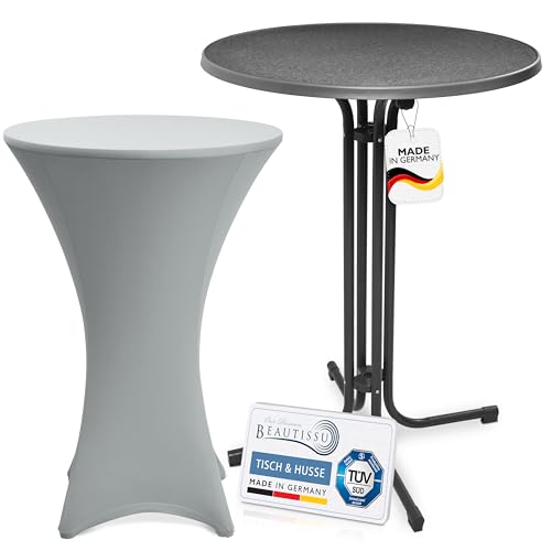 Beautissu Grauer Outdoor Stehtisch klappbar mit Husse 80 cm Silber – Wetterfester Partytisch Sylt + Stretch Stehtischhusse Stella – Platzsparender Bistrotisch Gastro-Qualität TÜV Made in Germany von Beautissu