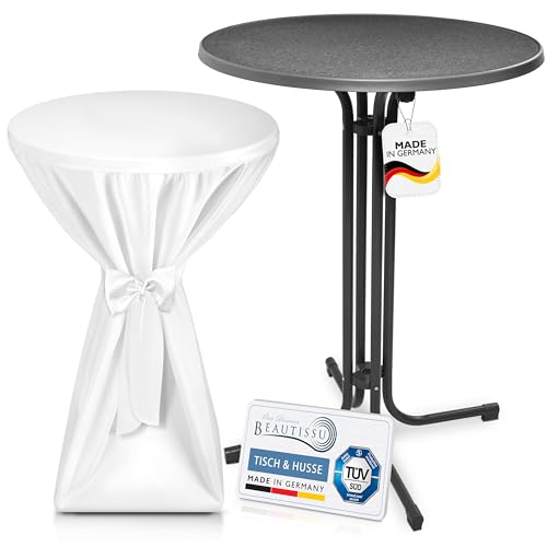 Beautissu Grauer Outdoor Stehtisch klappbar mit Husse 80 cm Weiß – Wetterfester Partytisch Sylt + Premium Stehtischhusse – Platzsparender Bistrotisch Gastro-Qualität TÜV Made in Germany von Beautissu