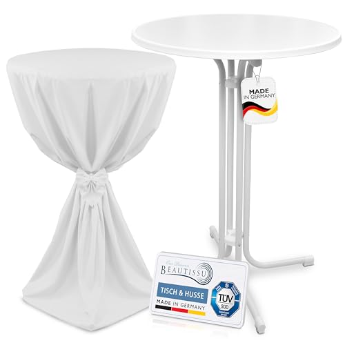 Beautissu Grauer Outdoor Stehtisch klappbar mit Husse 80 cm Weiß – Wetterfester Partytisch Sylt + Stehtischhusse Giulia – Platzsparender Bistrotisch Gastro-Qualität TÜV Made in Germany von Beautissu
