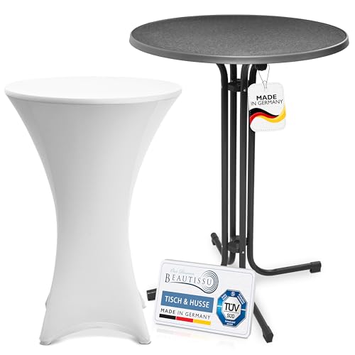Beautissu Grauer Outdoor Stehtisch klappbar mit Husse 80 cm Weiß – Wetterfester Partytisch Sylt + Stretch Stehtischhusse Stella – Platzsparender Bistrotisch Gastro-Qualität TÜV Made in Germany von Beautissu