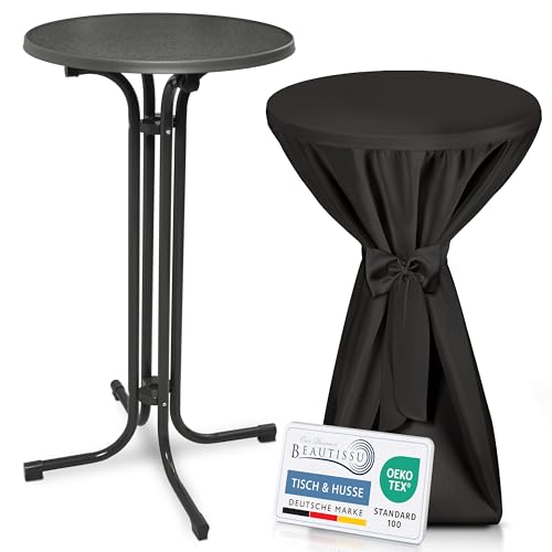 Beautissu Grauer Stehtisch klappbar 60 cm mit Premium Stehtischhusse Schwarz & Schleifenband – Wetterbeständig Outdoor Bistrotisch rund Kratzfest UV-beständig – Husse rutschfest waschbar – Bellini von Beautissu