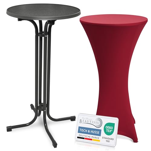 Beautissu Grauer Stehtisch klappbar 60 cm mit Stretch Stehtischhusse Bordeaux – Outdoor Bistrotisch Kratzfest, UV- & wetterbeständig – Husse rutschfest, waschbar & bügelfrei – Bellini & Stella von Beautissu