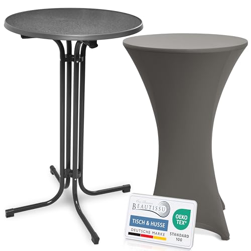 Beautissu Grauer Stehtisch klappbar 70 cm mit Stretch Stehtischhusse Anthrazit – Outdoor Bistrotisch Kratzfest, UV- & wetterbeständig – Husse rutschfest, waschbar & bügelfrei – Bellini & Stella von Beautissu