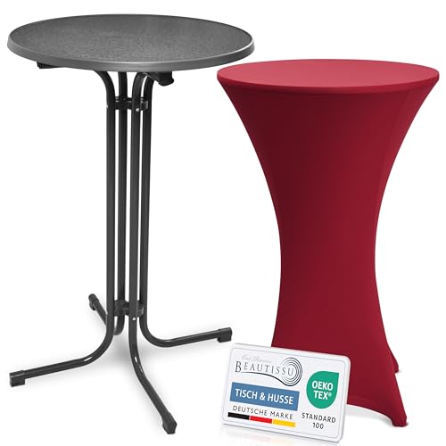 Beautissu Grauer Stehtisch klappbar 70 cm mit Stretch Stehtischhusse Bordeaux – Outdoor Bistrotisch Kratzfest, UV- & wetterbeständig – Husse rutschfest, waschbar & bügelfrei – Bellini & Stella von Beautissu