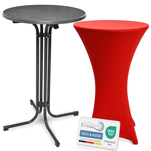 Beautissu Grauer Stehtisch klappbar 70 cm mit Stretch Stehtischhusse Rot – Outdoor Bistrotisch Kratzfest, UV- & wetterbeständig – Husse rutschfest, waschbar & bügelfrei – Bellini & Stella von Beautissu