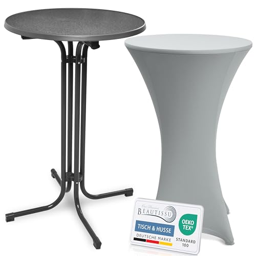 Beautissu Grauer Stehtisch klappbar 70 cm mit Stretch Stehtischhusse Silber – Outdoor Bistrotisch Kratzfest, UV- & wetterbeständig – Husse rutschfest, waschbar & bügelfrei – Bellini & Stella Beautissu Grauer Stehtisch klappbar 70 cm mit Stretch Stehtischhusse Silber – Outdoor Bistrotisch Kratzfest, UV- & wetterbeständig – Husse rutschfest, waschbar & bügelfrei – Bellini & Stella von Beautissu