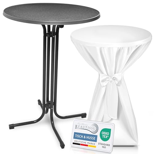 Beautissu Grauer Stehtisch klappbar 80 cm mit Premium Stehtischhusse Weiß & Schleifenband – Wetterbeständig Outdoor Bistrotisch rund Kratzfest UV-beständig – Husse rutschfest waschbar – Bellini von Beautissu