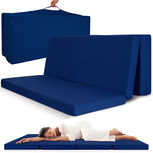 Beautissu Klappmatratze Gästebett klappbar 100x200 cm Faltmatratze Gästematratze faltbar Reisematratze Klappbett Gäste Matratze – Campix Camping Matratze Tragegriff Bodenmatratze waschbar Dunkelblau von Beautissu