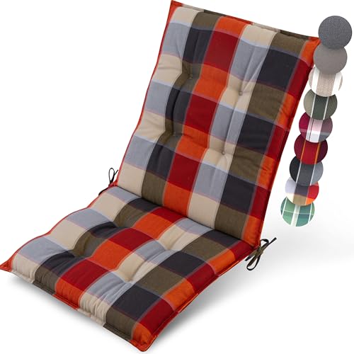 Beautissu Premium Niedriglehner Auflage Gartenstuhl 100x50cm Sun-NL – 8cm Dick Polster Gartenstuhlauflage rutschfest Befestigungsbänder UV-Lichtechtheit 5 – Robust Orange-Beige kariert von Beautissu